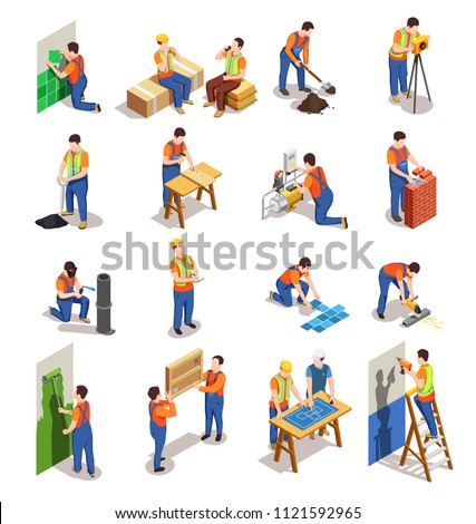 Construction workers with professional equipment during various building activity isometric people isolated vector illustration Royalty-Free Stock Photo #1121592965