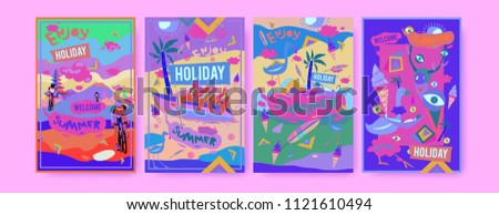 Set of summer illustration for poster, cover, and advertisement. Retro and vintage summer design illustration. Summer holiday background template in eps10.
