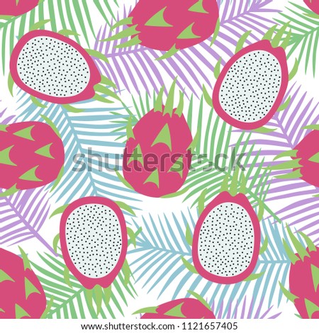 sweet whole dragon fruit and cut dragon fruit tropical exotic pink with seeds pitaya on blue green and purple palm leaves background summer seamless pattern vector.