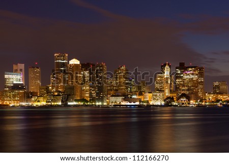 Boston skyline by night from East Boston, Massachusetts - USA