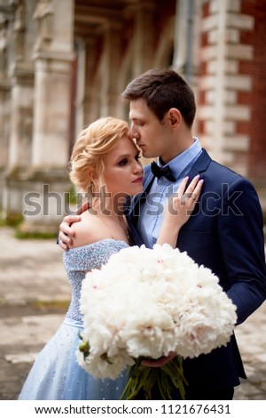 Bride and groom on the background of an old estate. Classical wedding. Wedding walk and photo shoot