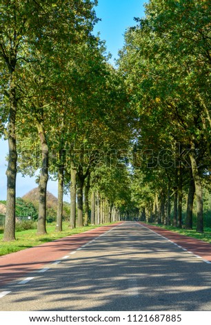 Dutch road between small villages with bicycle paths, transportation in Europe