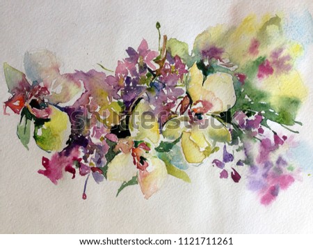 Abstract bright colored decorative background . Floral pattern handmade . Beautiful tender romantic bouquet of orchid flowers  , made in the technique of watercolors from nature.