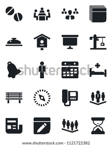 Set of vector isolated black icon - manager vector, team, presentation board, bench, bird house, pills, hospital bed, bell, calendar, notes, compass, news, blank box, meeting, company, crane, group