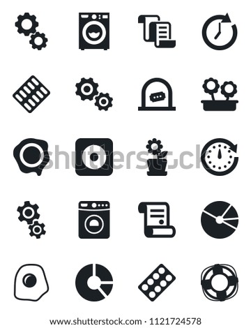 Set of vector isolated black icon - ticket office vector, washer, contract, circle chart, stamp, pills blister, rec button, pie graph, flower in pot, omelette, gear, clock, crisis management