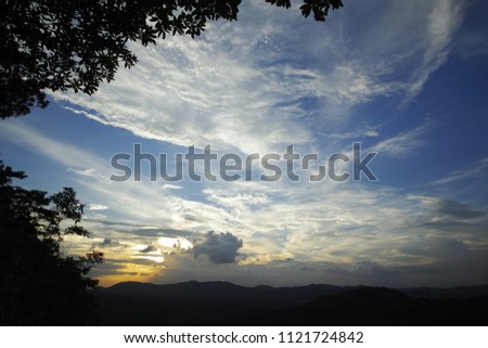 Colorful sunset with dramatic sky on Niutoushan Mountain which is a famous  Outdoor hiking site in Huangpu District, Guangzhou.