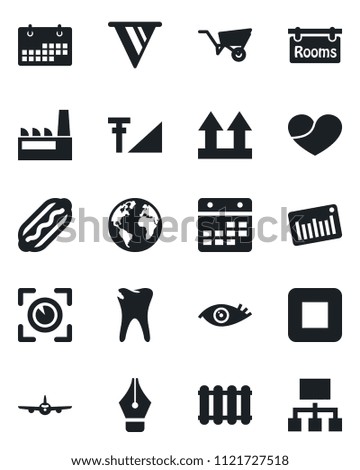 Set of vector isolated black icon - plane vector, wheelbarrow, caries, eye, earth, up side sign, barcode, heart, stop button, calendar, cellular signal, ink pen, rooms, factory, hot dog, radiator