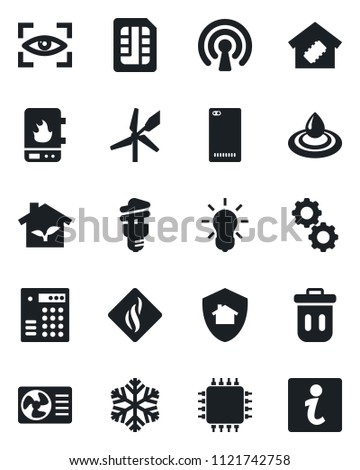 Set of vector isolated black icon - phone back vector, sim, smart home, chip, eco house, water heater, wireless, snowflake, air conditioner, gear, smoke detector, bulb, energy saving, eye scan