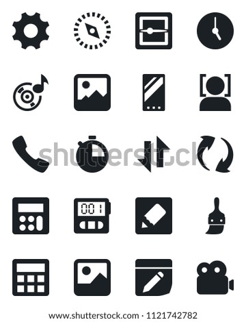 Set of vector isolated black icon - mobile vector, call, update, gallery, settings, themes, calculator, clock, stopwatch, scanner, notes, data exchange, compass, face id, music, video