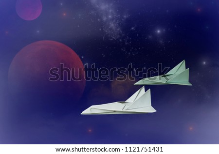 Two space planes fly in mystery universe in the deep space
