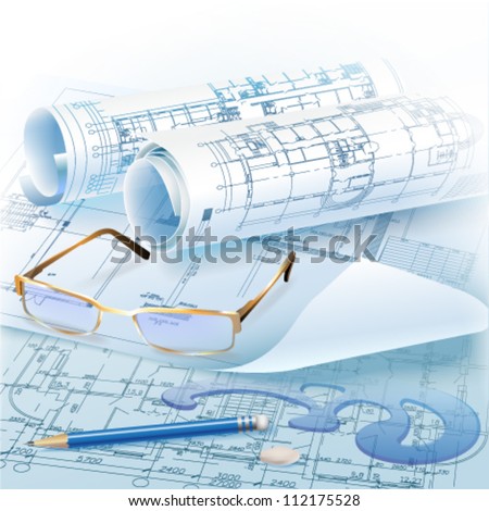 Architectural background with drawing tools and rolls of drawings. Vector clip-art