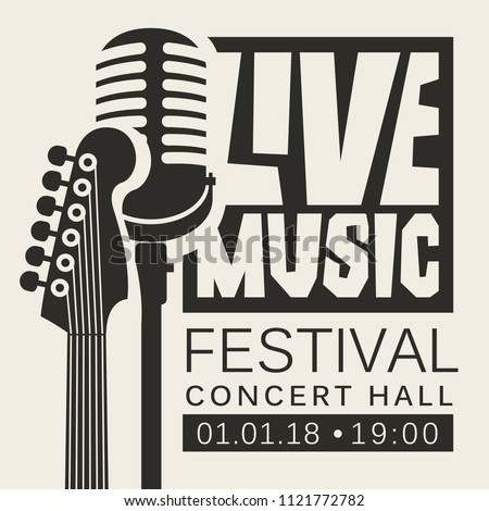 Vector poster or banner for live music festival with neck of acoustic guitar and microphone in retro style in black and white colors