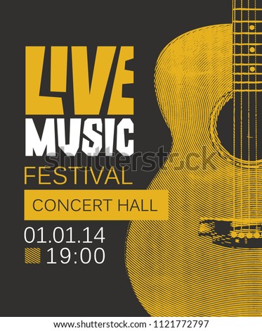 Vector banner or poster for live music festival with yellow guitar on black background in retro style