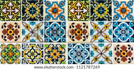 Collection patchwork pattern tiles from Morocco, Portugal in colourful colors. Decorative ornament can be used for desktop wallpaper or frame for a wall hanging or poster,for pattern fills