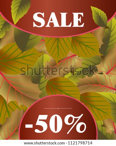 Sale lettering with dark green autumn leaves. Creative inscription on tree leaf background. Illustration with lettering can be used for banner, posters and leaflets