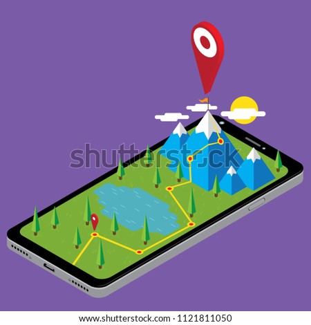 Vector illustration of Isometric mobile landscape route infographics