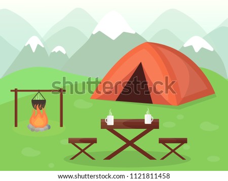 Vector illustration of summer camping next to the mountains. Camping tent, fireplace with cooking food, folding furniture. Eps 10