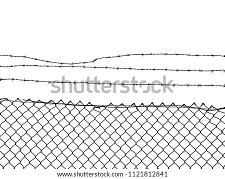 Chain Link Fence topped with Barbed Wire, isolated on white ground Royalty-Free Stock Photo #1121812841