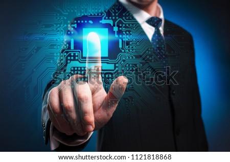 Virtual multimedia display. A man in a suit and tie clicks his index finger on the virtual screen
