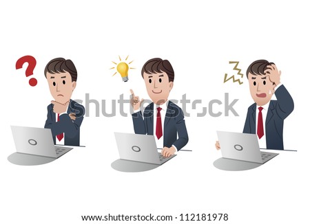 Set of businessman at a laptop computer, with question mark, with idea bulb, getting nervous in trouble on white background, isolated, cartoon