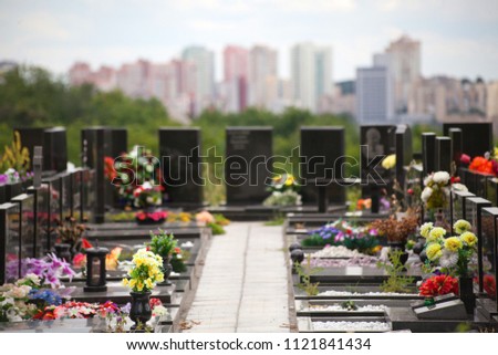 Plastic flowers among the black obelisks of the graves on the background of the city