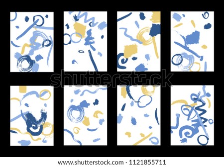 Set of 8 Greeting Cards on White Background. Light Base for Book or Notepad Cover, Invitation, Poster or Banner. Bright Brush Strokes on Retro Style of Early 90s. Set of Abstract Backgrounds.