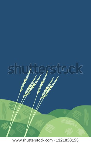 Green hills against a dark blue sky and ears of cereals in the foreground. Vertical card in vector.