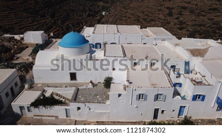 Aerial drone bird's view photo of iconic and picturesque main church in village of Kastro overlooking the Aegean sea, Sifnos island, Cyclades, Greece