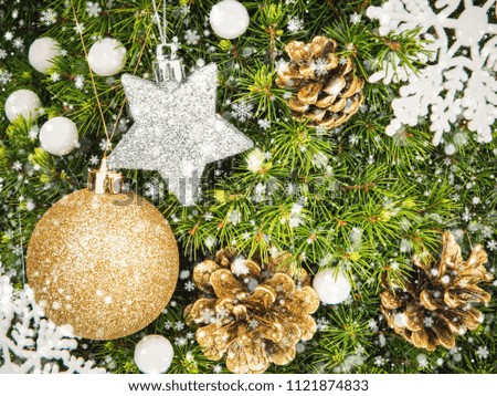 Christmas decorations, bumps and snowflakes on the Christmas tree. New Year's background.