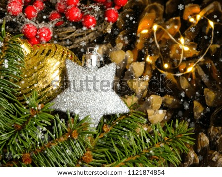 Christmas decorations, bumps and snowflakes on the Christmas tree. New Year's background. Christmas card.