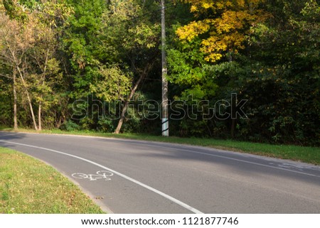pathway for bicycle in a park with white bicycle lane sign on road