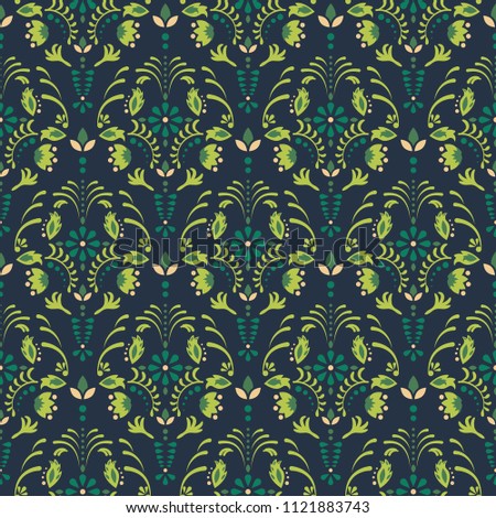 Emerald green damask flower seamless vector pattern. Deep green floral decor element wallpaper.