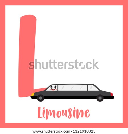 Letter L cute children colorful transportations ABC alphabet flashcard of Limousine for kids learning English vocabulary Vector Illustration.