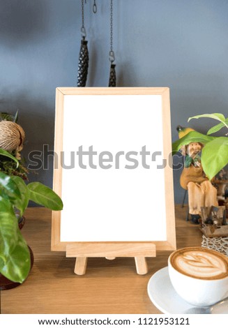 Blank white Menu Frame on Wooden in cafe shop for Design Mockup Template. 