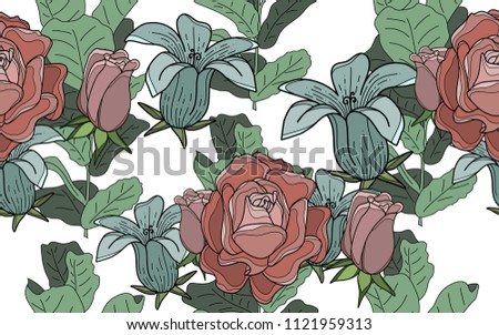 Ficus and roses. Palm leaves and exotic flowers composition. Vector illustration. Botanical seamless background. Digital nature art.