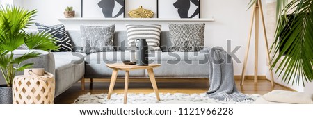 Real photo of black jug and white candle placed on small wooden table standing on fluffy carpet in bright living room interior with corner grey couch and fresh plants Royalty-Free Stock Photo #1121966228