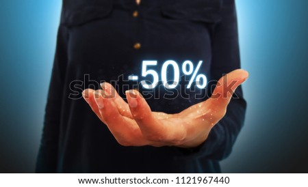 Businesswoman on blurred background holding hand -50% discount