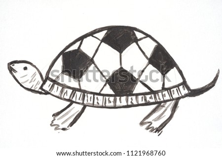 watercolor hand drawn cartoons sport soccer turtle, with football ball pattern on the shell, flat style silhouette black and white illustration
