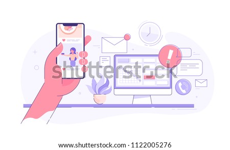 Worker is surfing photos on his phone on social media while seated at his desk behind his computer. Procrastination and laziness concept. Vector illustration. Royalty-Free Stock Photo #1122005276