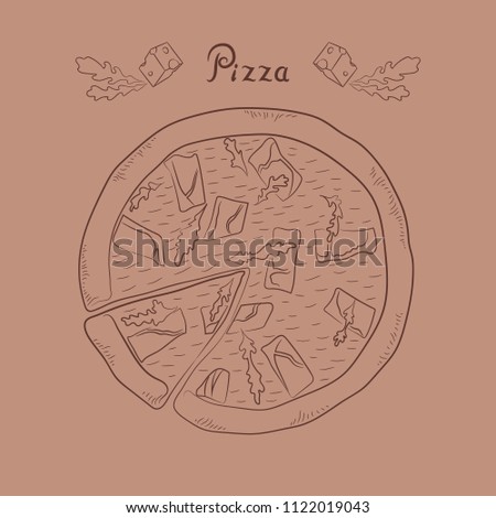 Illustration pizza with slice. Line art. Arugula, ham