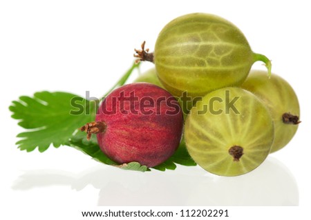 Ripe fresh gooseberry with leaf on white background