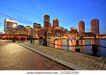 Boston Skyline with Financial District and Boston Harbor at Dusk