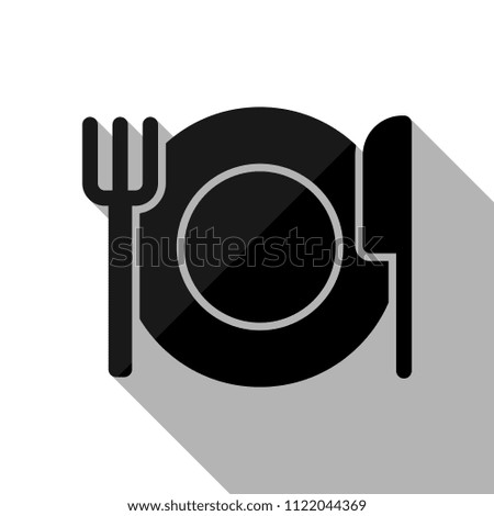 cutlery. plate fork and knife. simple silhouette. Black object with long shadow on white background