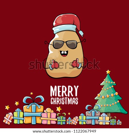 vector funky comic cartoon cute brown smiling santa claus potato with red santa hat, gifts, tree and calligraphic merry christmas text isolated on red background. vegetable funky christmas character