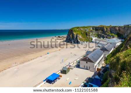 Stunning blue sky overlooking the golden sandy beach at Tolcarne  Newquay Cornwall England UK Europe