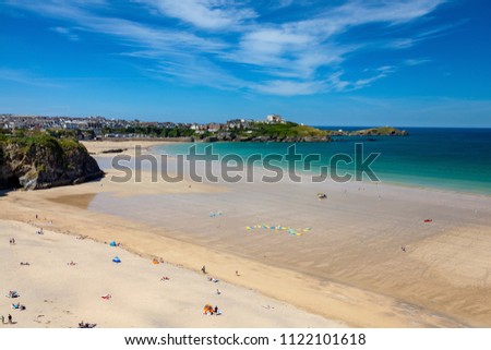 Stunning blue sky overlooking the golden sandy beach at Tolcarne  Newquay Cornwall England UK Europe