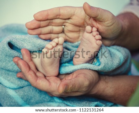 Baby feet in father hands. Ded or grendfather, grendmather and Child. Feet under the protection of the palms. Happy Family concept, conceptual image of maternity