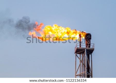 Fire on flare blow out in Offshore oil and Gas central processing platform and remote platform produced oil, natural gas and liquid condensate for set to onshore refinery from offshore in ocean sea. Royalty-Free Stock Photo #1122136334