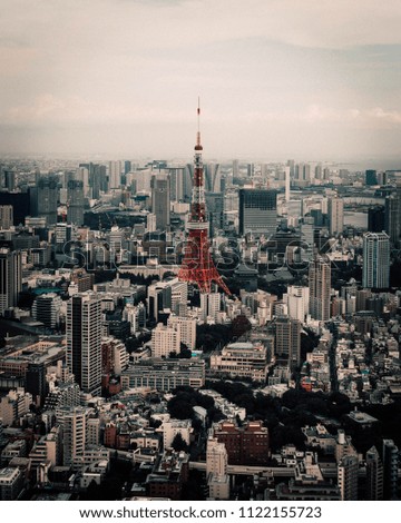 The vast expanse of Tokyo, Japan's cityscape with the iconic Tokyo Tower in the center. 