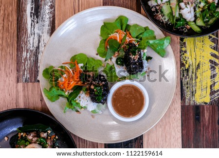Vietnamese restaurant food top view cuisine wooden table sharing meal asian kitchen healthy